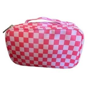 Pink White Checkerboard Relavel Makeup Bag Travel Toiletry Organizer Pouch